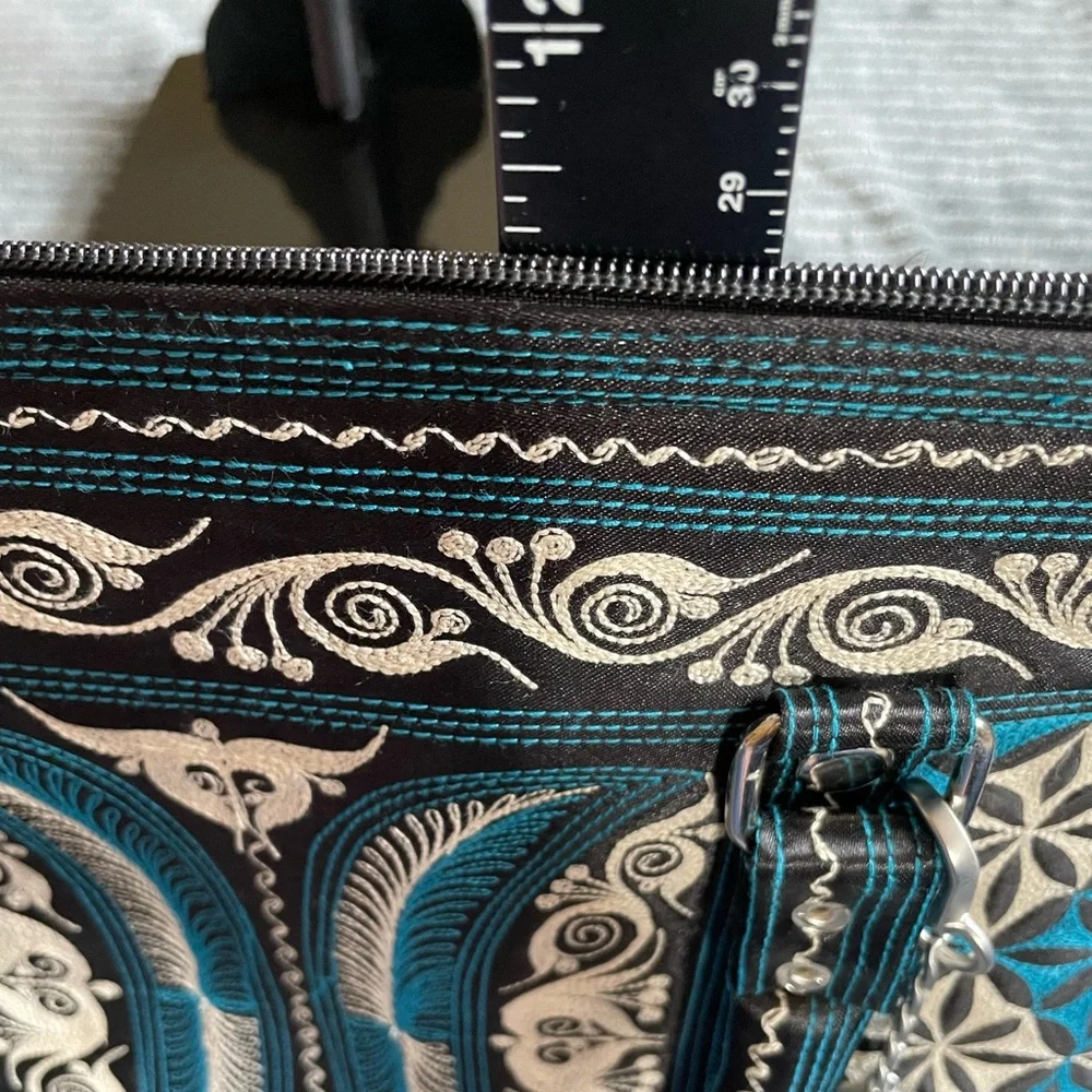 NWT Banda Bags Memetika Embroidered Tote Bag Blue Vegan Cotton Handcrafted Zip
